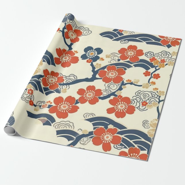 Japanska Ume-plommonblommor Marinblå Våg Kräm Presentpapper (Utrullad)