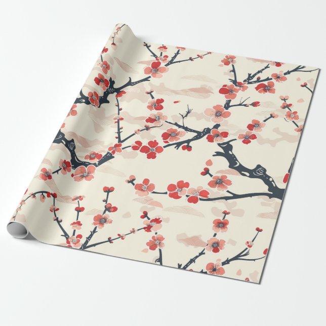 Japanska Ume röda korallblommor Elfenbensvåg mönst Presentpapper (Utrullad)