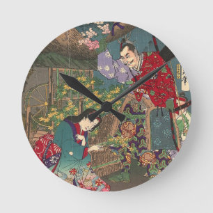 Japanska vackra Geisha Samurai Art Rund Klocka