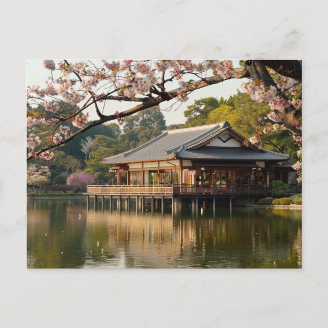 Japanska vår-scenen med damm och körsbärs-blommar vykort (Framsida)