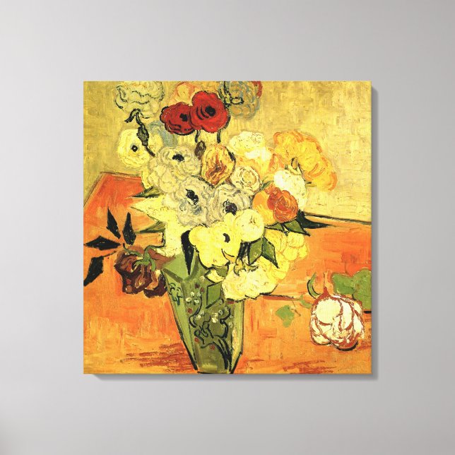 Japanska Vas med Ro och Anemones av van Gogh Canvastryck (Framsida)