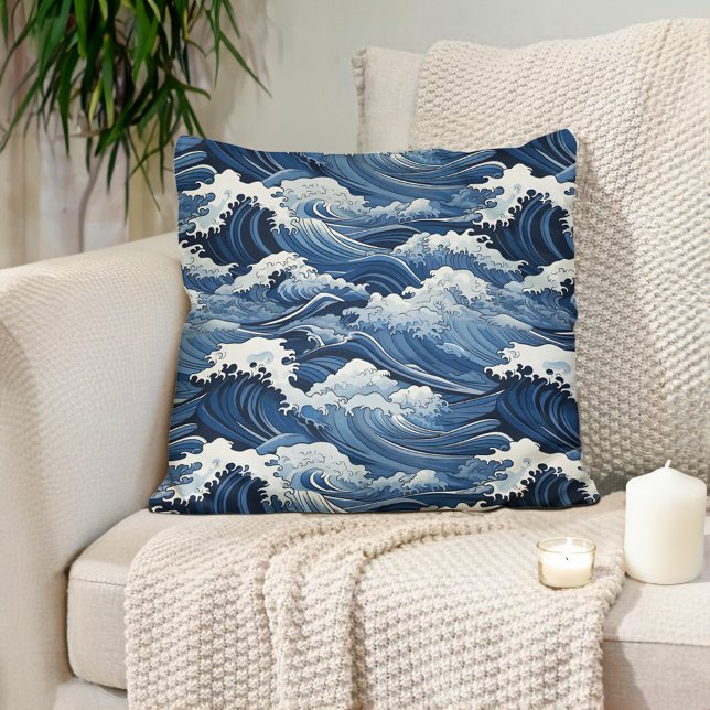 Japanska Vinkara blå skuggor Kudde (Blue and white Japanese waves pillows
)