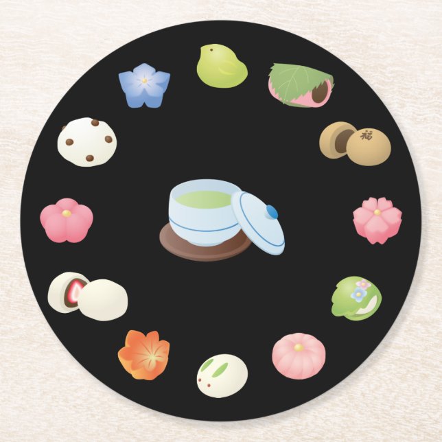 Japanska Wagashi Sweets Underlägg Papper Rund (Framsidan)