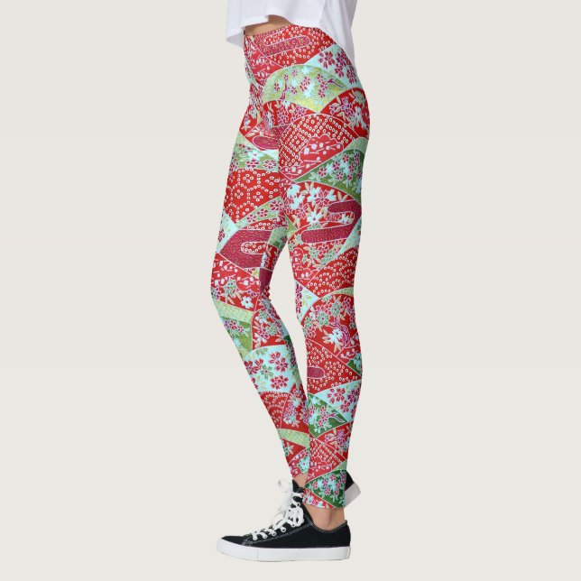 Japanska Washi Red Blommigt Origami Yuzen Leggings (Vänster)