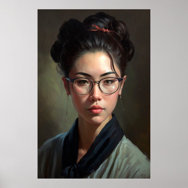 Japanska Woman Porträtt Oljemålning Poster (Framsidan)