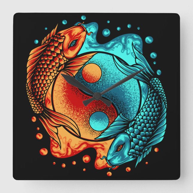  Japanska Yin Yang Koi Fish Fyrkantig Klocka (Framsida)