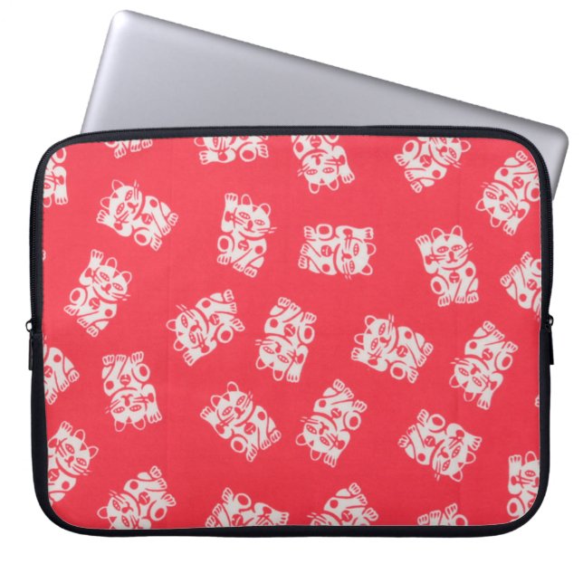 Japanska Yukata Textile, Maneki Neko (Lucky Cat) Laptop Sleeve (Framsidan)