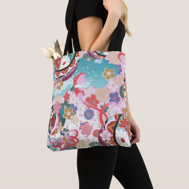 Japanskt Blommönster Tote Bag Tygkasse (Närbild)