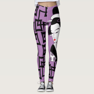 japanskt geisha-flicka svartvit lila grafik leggings