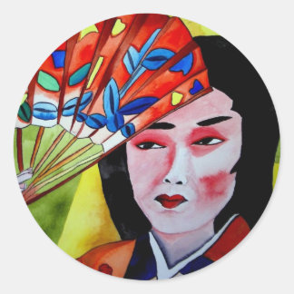 japanskt Geisha med fläkt vattenfärgsoriginalkonst Runt Klistermärke