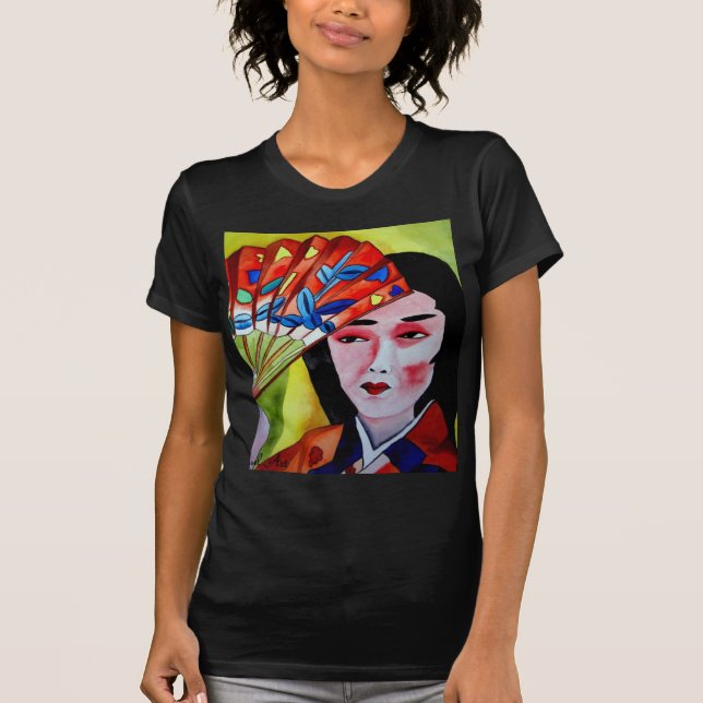 japanskt Geisha med fläkt vattenfärgsoriginalkonst T Shirt (Framsida)