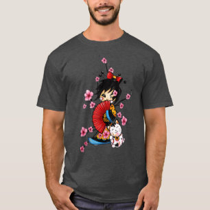japanskt geisha med Luckt maneki neko cat sakura T Shirt