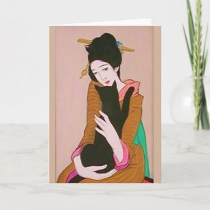 Japanskt Geisha- och Black Cat-gratulationskort Kort