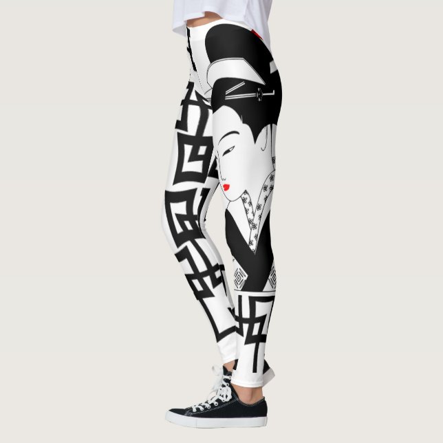Japanskt geisha, svart, vitt grafiskt papper leggings (Vänster)