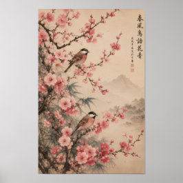 JAPANSKT INSPIERAD ROSA BOTANISK KONST POSTER