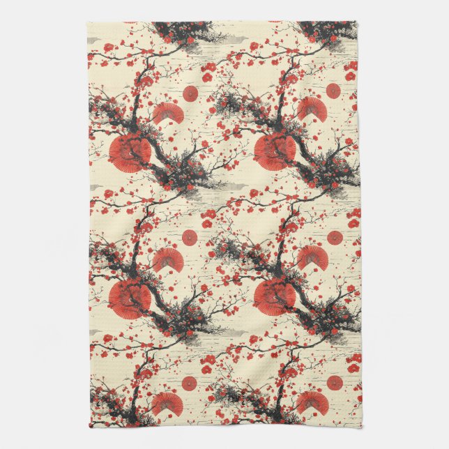 Japanskt Körsbärsblomfansmönster (4) Kökshandduk (Vertikal)