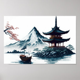 Japanskt landskap med pagoda poster