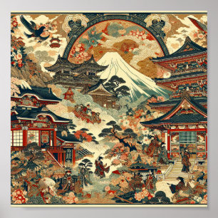 Japanskt landskap Mt Fuji Tempels Körsbärsblom Poster