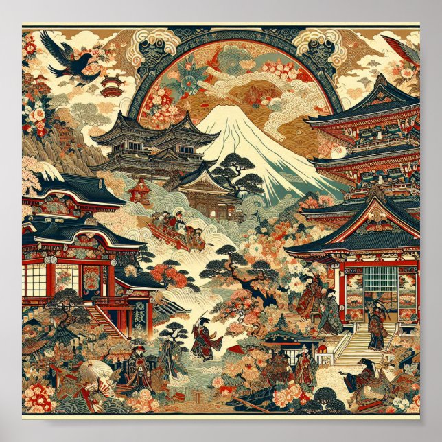 Japanskt landskap Mt Fuji Tempels Körsbärsblom Poster (Framsidan)