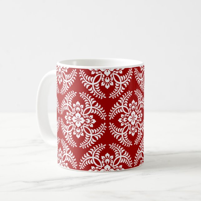 Japanskt medaljongmönster, djupröd och vit kaffemugg (Framsida vänster)