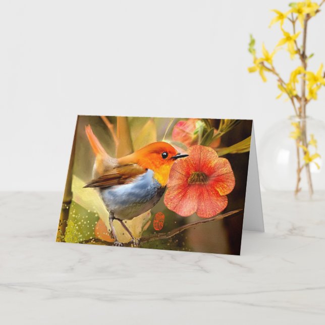 Japanskt Robin Greeting-kort Kort (Gul blomma)