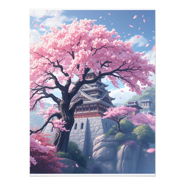 Japanskt slott i körsbärsblomning vår – Elegant Fototryck (Framsidan)