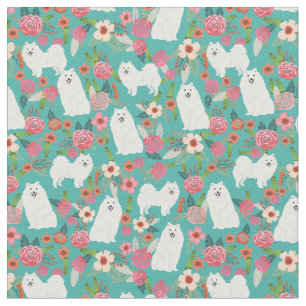 japanskt spitz-hund-blommigt-turkos tyg