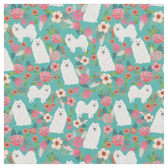 japanskt spitz-hund-blommigt-turkos tyg (Närbild)