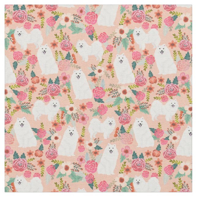 Japanskt spitz hund-blommigt tyg (Närbild)