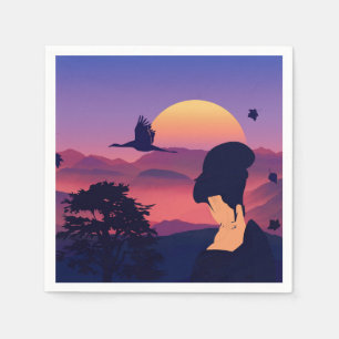 Japanskt tema Geisha Träd och Stigning Sol Pappersservett