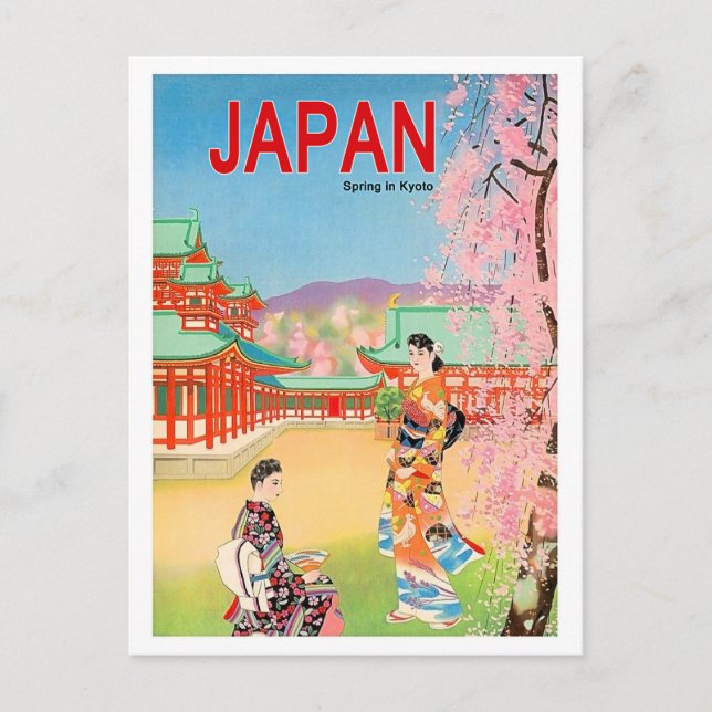 Japanskt tempel i vår, geisha-flickor på promenad vykort (Framsida)