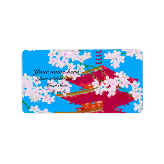 Japanskt tempel med körsbärs blommar adressetikett