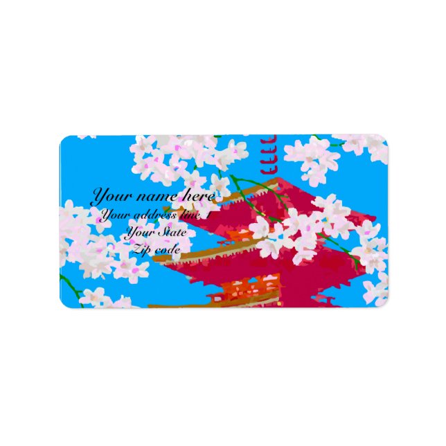 Japanskt tempel med körsbärs blommar adressetikett (Framsidan)