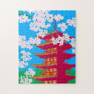 Japanskt tempel med körsbärs blommar pussel