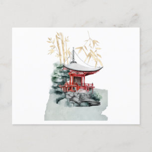 Japanskt tempel och bamboo guld vykort