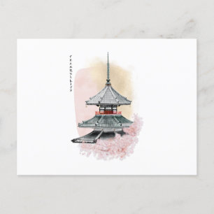 Japanskt tempel och körsbär. vykort
