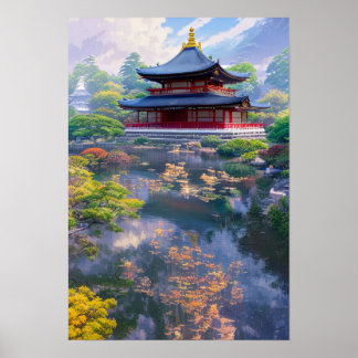 Japanskt Temple, vackra Garden Poster