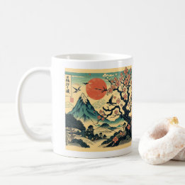 Japanskt Träblock Körsbärsblomma Röd Sol Mount Fu Kaffemugg