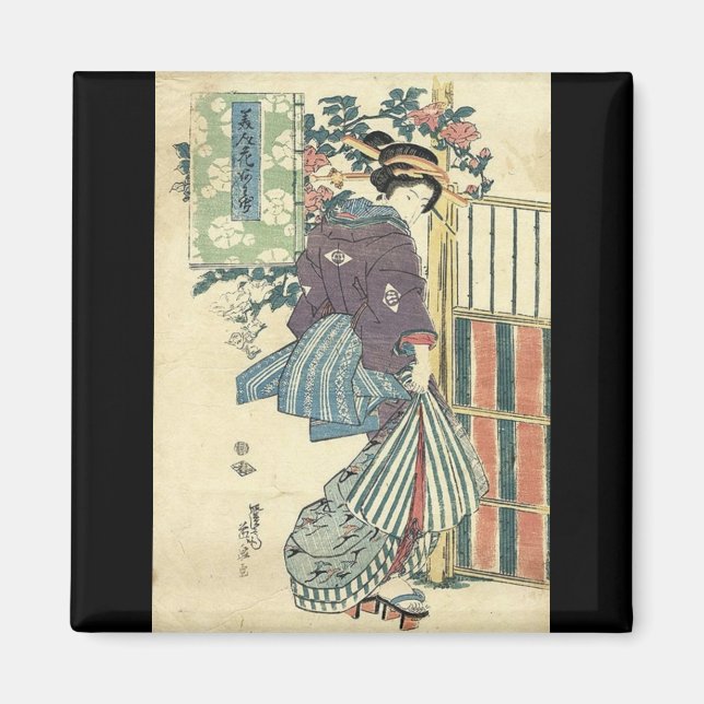japanskt ukiyo-e-trädgård traditionell kimono geis magnet (Framsidan)
