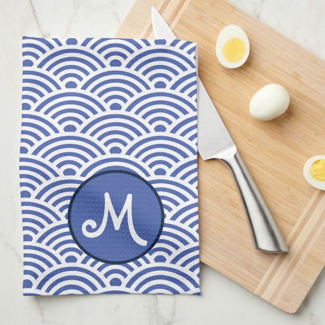 Japanskt vågmönster och monogram kökshandduk (Vikt i Fjärdedel)