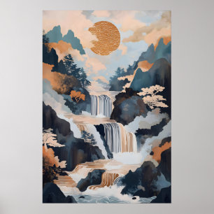 Japanskt vattenfall konsttryck lugn berg poster