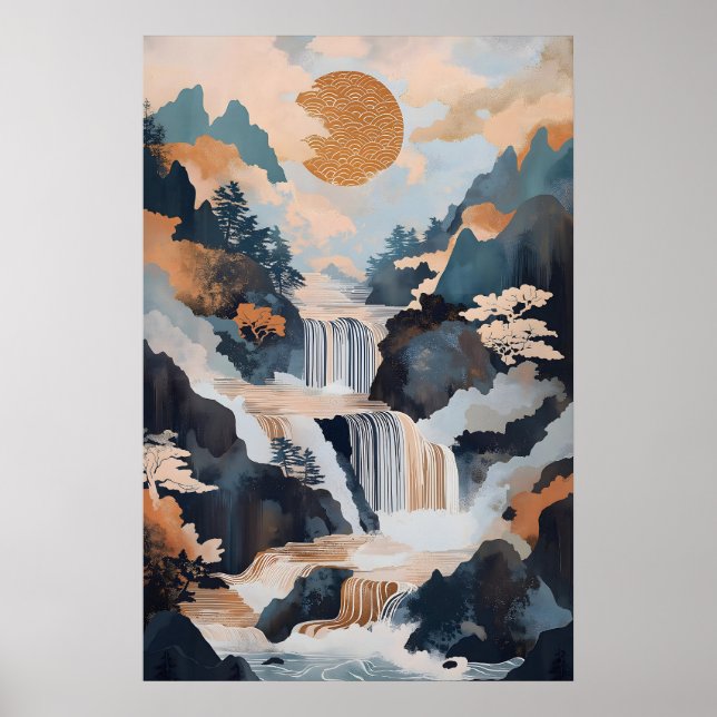 Japanskt vattenfall konsttryck lugn berg poster (Framsidan)