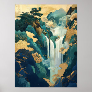 Japanskt vattenfalls tryck Vintage tryck Hokusai V