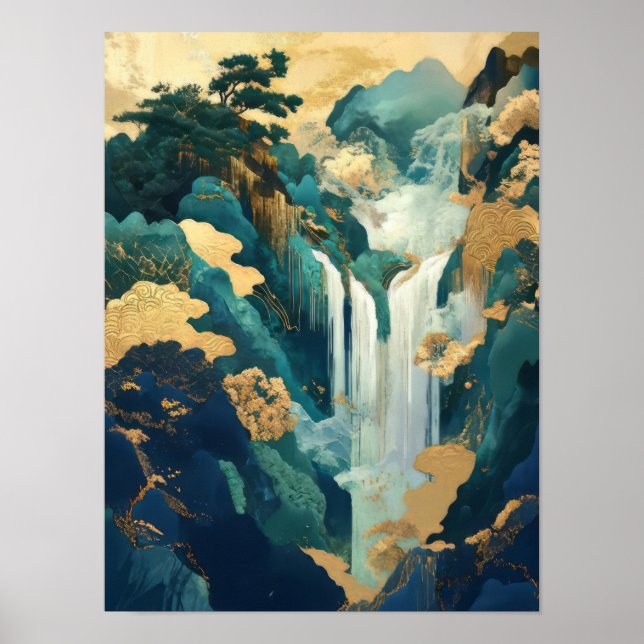 Japanskt vattenfalls tryck Vintage tryck Hokusai V (Framsidan)