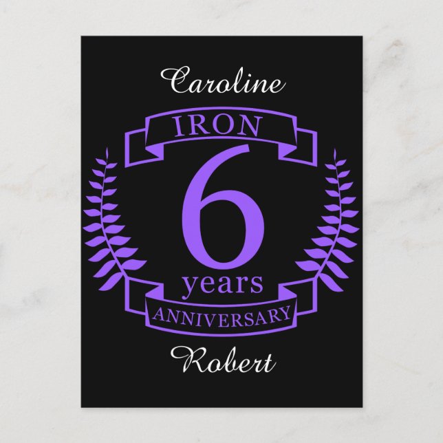 Järn bröllop-årsdagen 6 år vykort (Framsida)