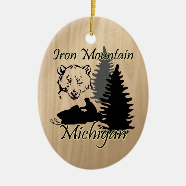 Järn Mountain Michigan Snowmobile Bear Ceramic Julgransprydnad Keramik (Framsidan)