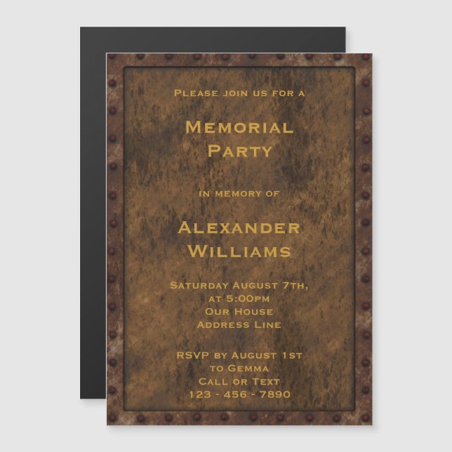 Järn rameffekt Manar Memorial Party Magnetisk Inbjudningskort (Fram/baksida)