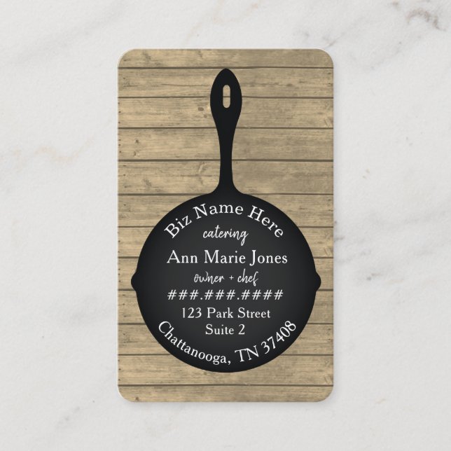 Järn Skillet Rustic Wood Restaurant Caterer Visitkort (Framsida)