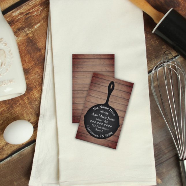 Järn Skillet Rustic Wood Restaurant Caterer Visitkort (Skapare uppladdad)