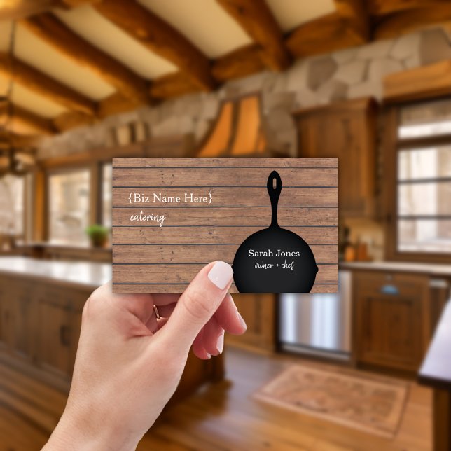 Järn Skillet Wood Caterer Chef Restaurant Visitkort (Skapare uppladdad)